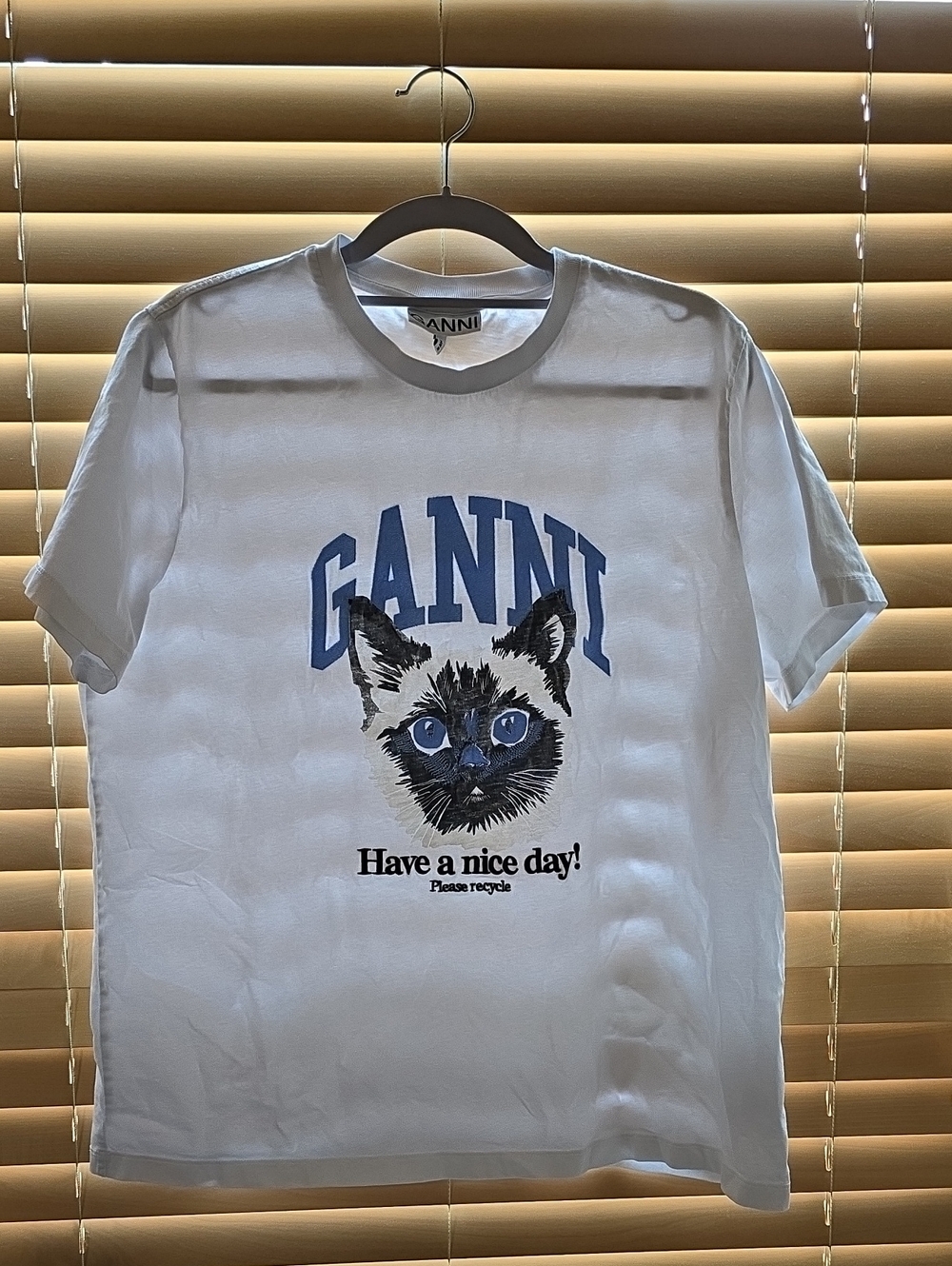 Pre-owned Ganni White Tee with Blue Cat Graphic - "Have a Nice Day!" L